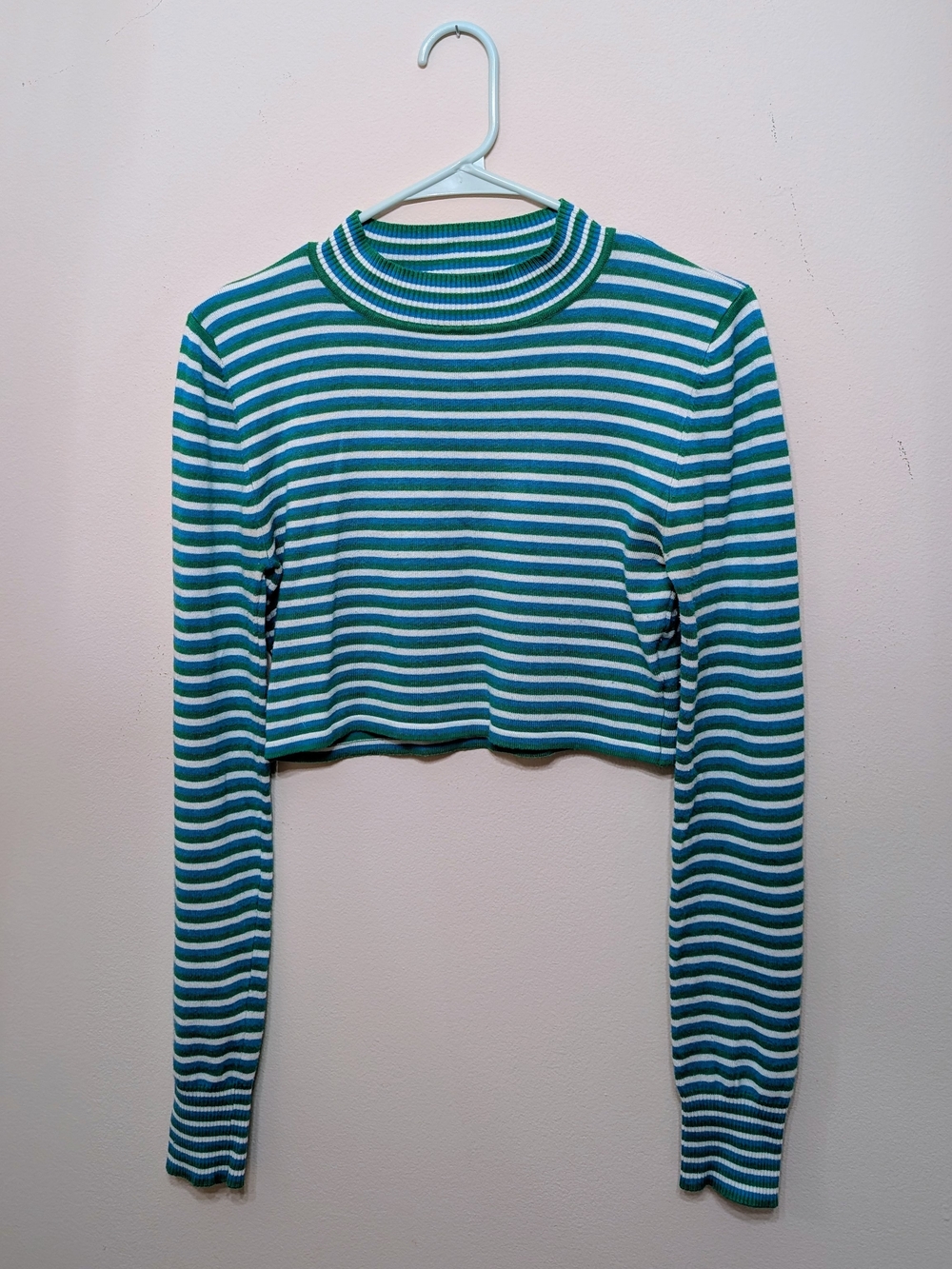 Striped Green & White Cropped Long-Sleeve Top